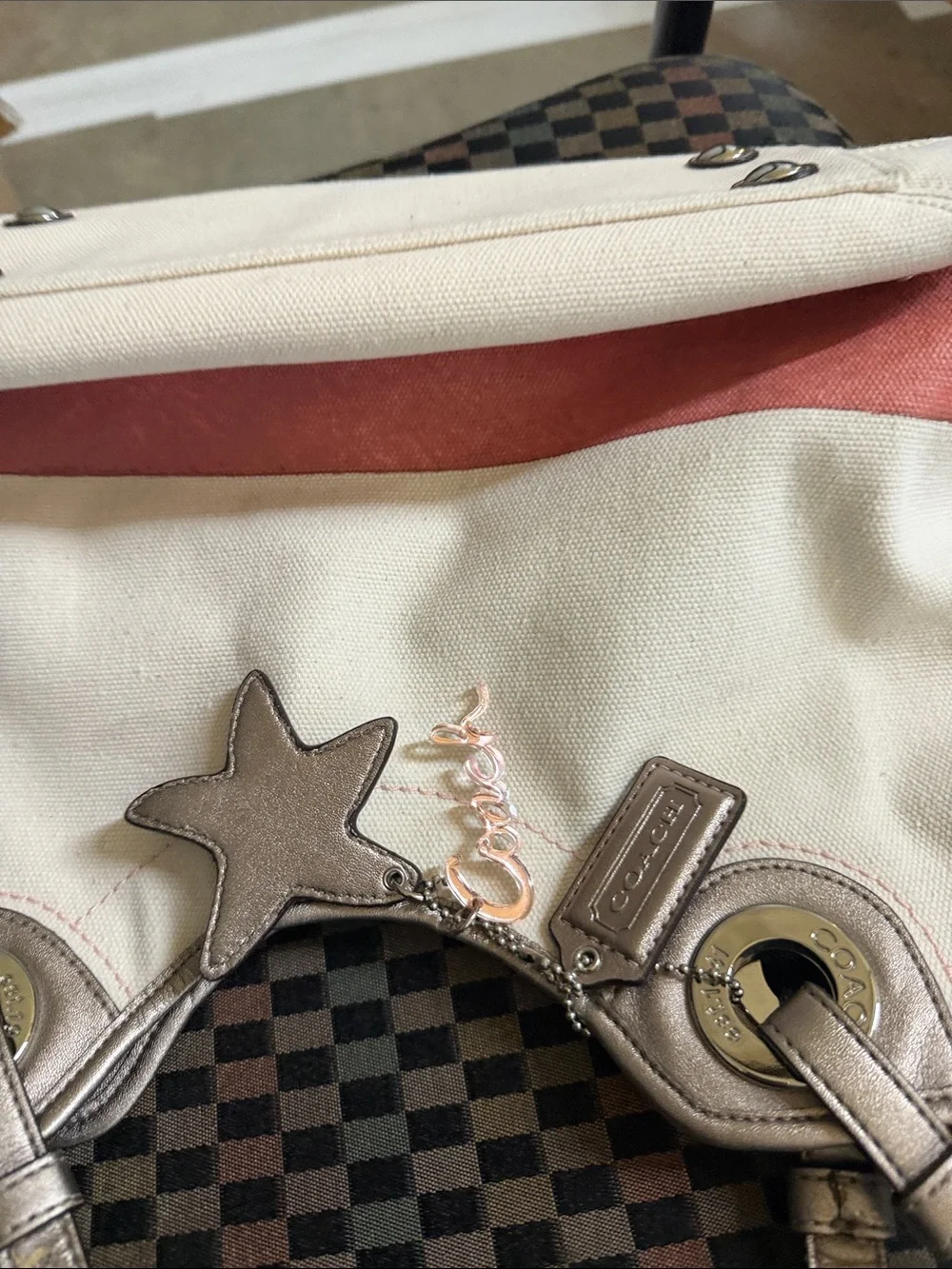 Coach Cream Canvas Tote with Pink Stripe & Metallic Handles